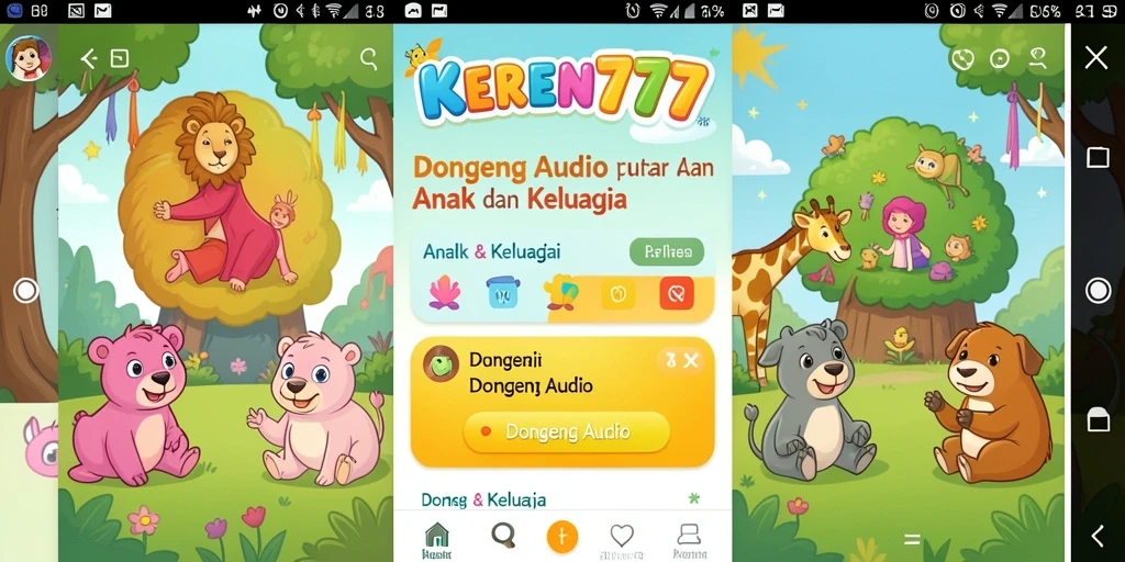 Antarmuka aplikasi KEREN777 yang sederhana dan menarik untuk dongeng audio.